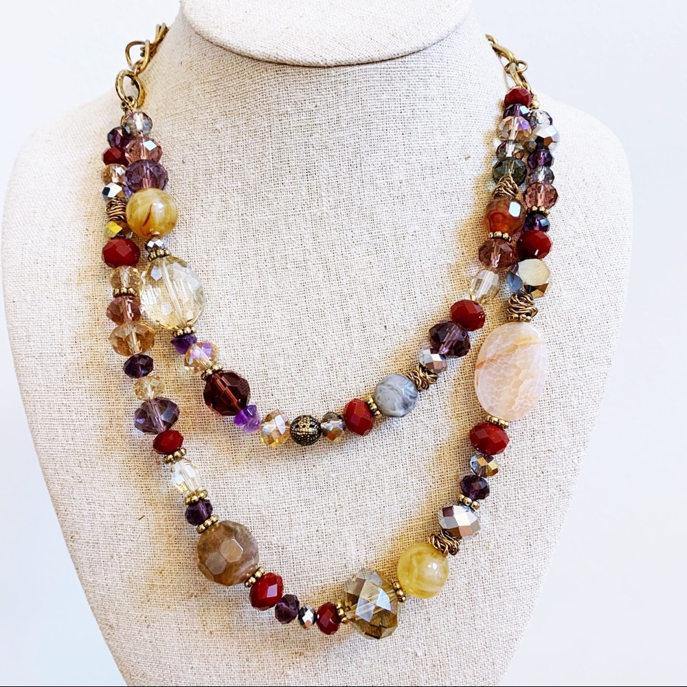 Multi Layer Antique Gold Tone Stone Gem Necklace